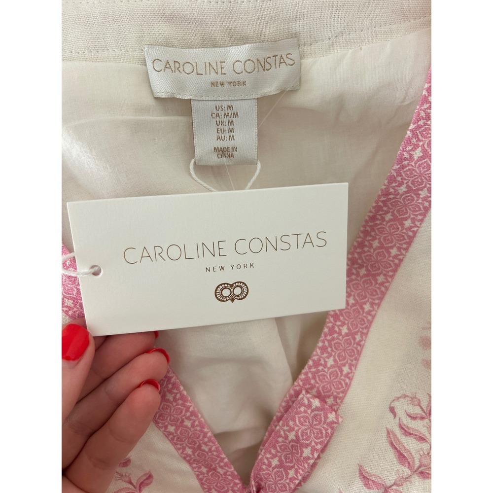 Caroline Constas Pink Toile Floral Linen Blend Mini Tie Front Puff Sleeve M - Picture 5 of 5